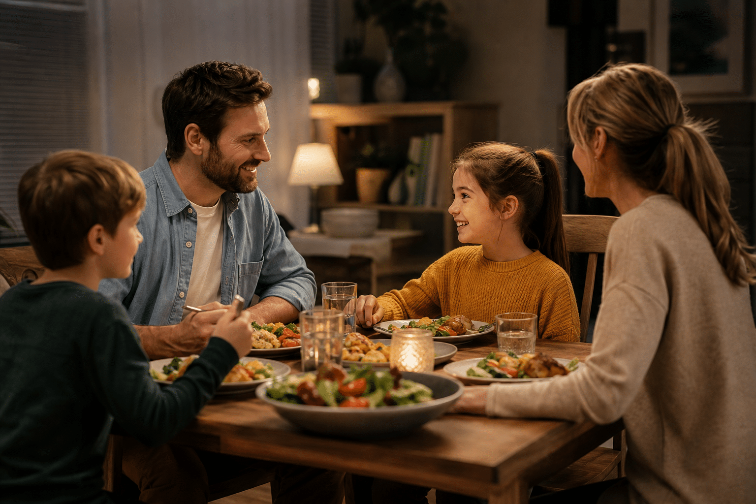 family eating dinner together at dining table talking and smiling