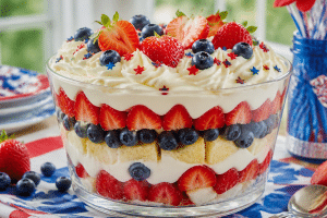 red white and blue trifle dessert for Fourth of July in glass bowl