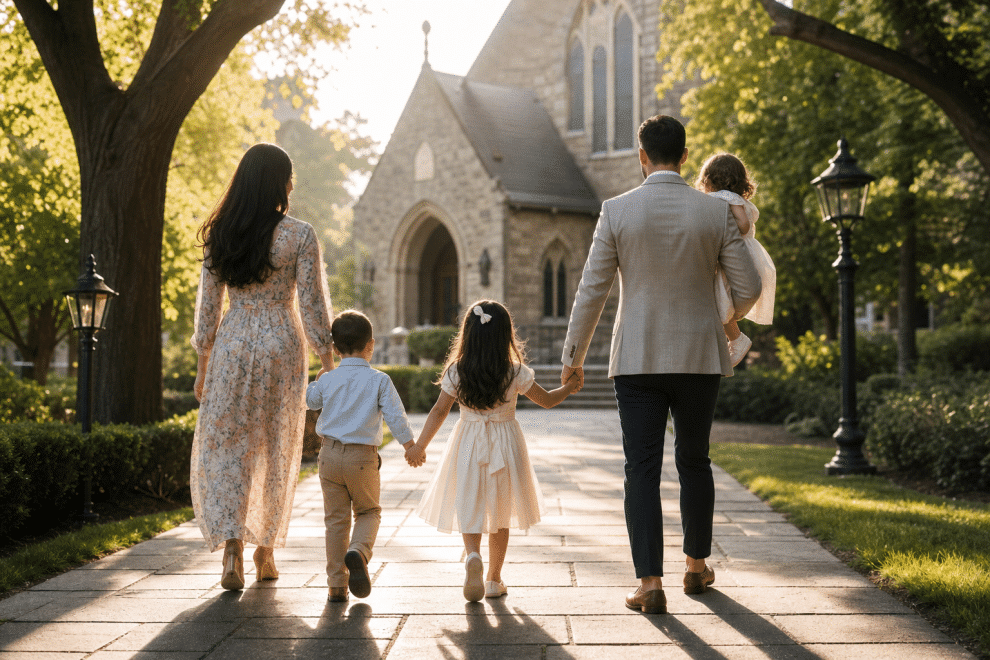 Raising children with faith - family walking to church together