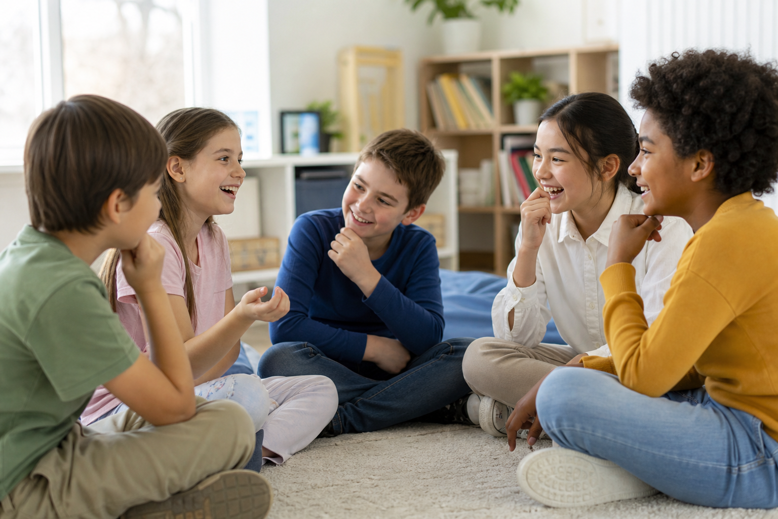 Riddle Me Happy: 40 Mind-Bending Riddles for Kids of All Ages 16 Kids laughing while solving fun riddles for kids together