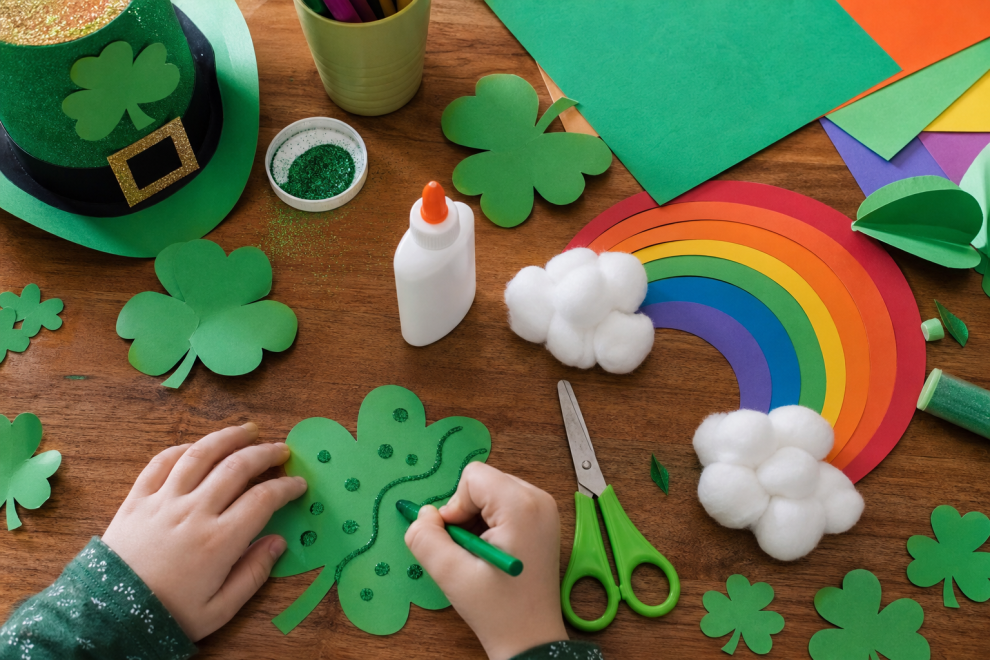 Some Craft Ideas for Saint Patrick's Day 15 Saint Patrick's Day crafts for kids laid out on a table