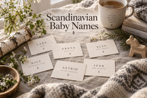 Collection of Scandinavian baby names on cream name cards in a warm Nordic setting with birch branches, wildflowers, woven linen, and soft northern light