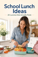 School Lunch Ideas: 20 Real Lunches Kids Actually Finish 5 school lunch ideas with a parent packing a colorful lunchbox at the kitchen counter under the headline School Lunch Ideas