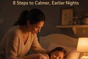 school night bedtime routine with a parent tucking in a child by a warm bedside lamp under the headline School Night Bedtime Routine