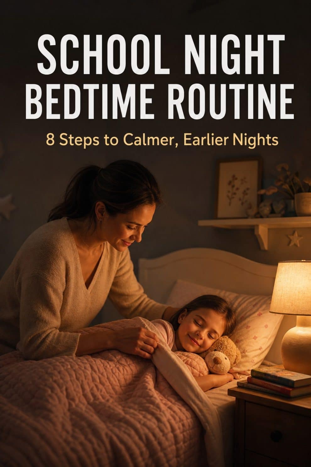 school night bedtime routine with a parent tucking in a child by a warm bedside lamp under the headline School Night Bedtime Routine