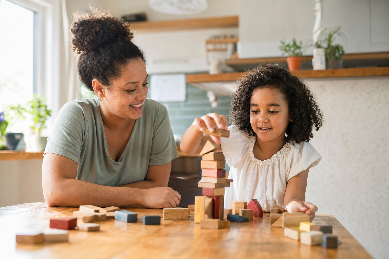 The Surprising Importance of Play: Why Free Time Is So Good for Kids 9 Parent and child playing a simple board game or building blocks together at a kitchen table.