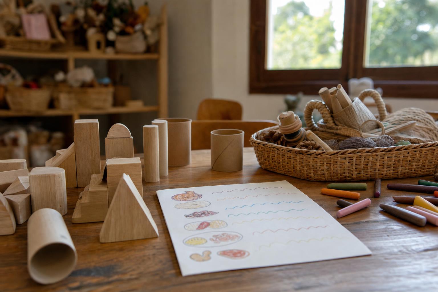 The Surprising Importance of Play: Why Free Time Is So Good for Kids 8 Simple play menu on paper beside blocks, crayons, cardboard tubes, and a small basket of open-ended materials.