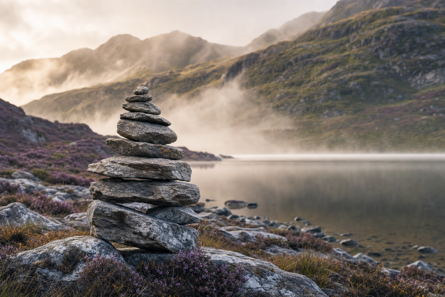 32 Beautiful Scottish Baby Names & Their Meanings 17 A weathered stone cairn beside a still Highland loch under soft misty light, evoking the timeless strength of Scottish baby boy names