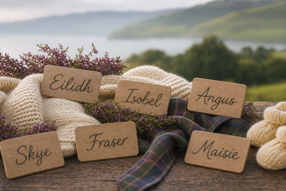 32 Beautiful Scottish Baby Names & Their Meanings 15 Collection of Scottish baby names on wooden name cards in soft misty light with heather, tartan, and a distant loch