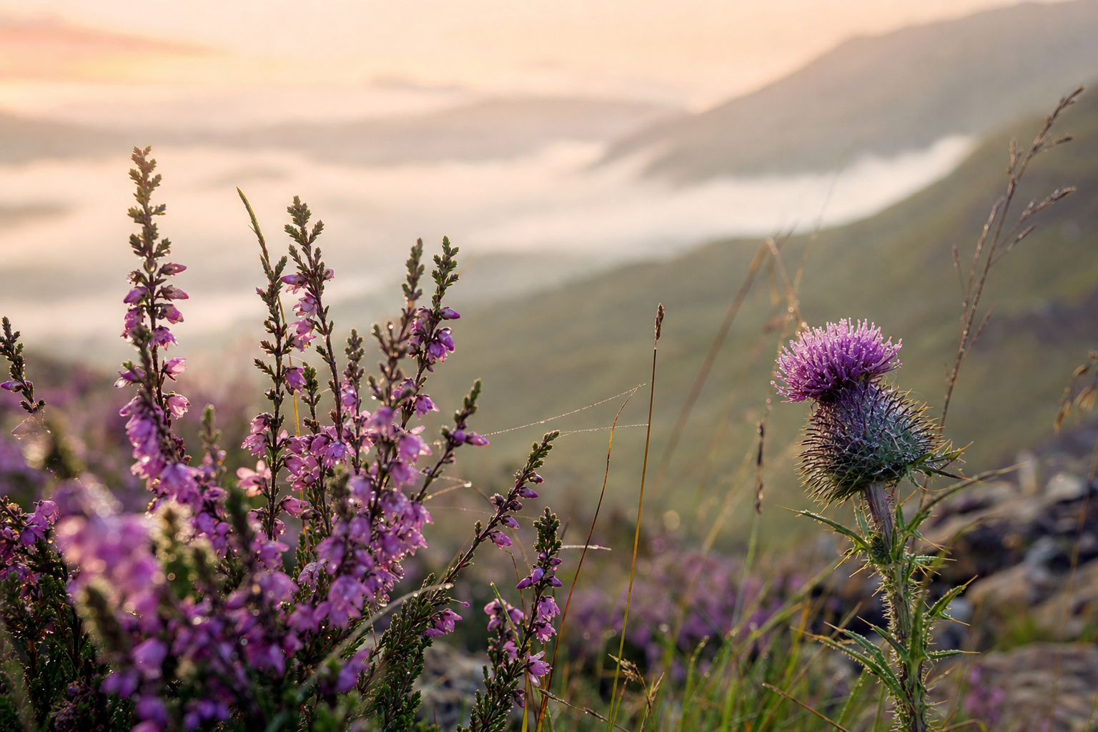 32 Beautiful Scottish Baby Names & Their Meanings 16 Purple heather and wild thistle on a misty Scottish hillside in soft golden light, evoking the gentle beauty of Scottish baby girl names