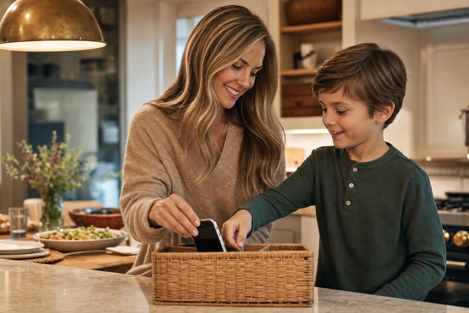 How Much Screen Time for Kids? A Calm, Practical Guide for Real Families 17 A parent and child placing a phone into a charging basket on the kitchen counter together at dinnertime, both smiling, modeling healthy screen habits and a simple family screen plan