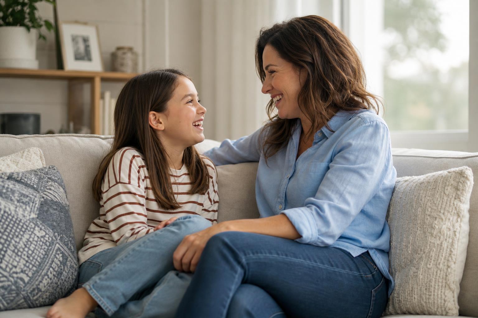 101 Parenting Tips That Actually Work (By Age and Stage) 16 A parent and child talking warmly together on a couch, illustrating parenting tips for connection and communication