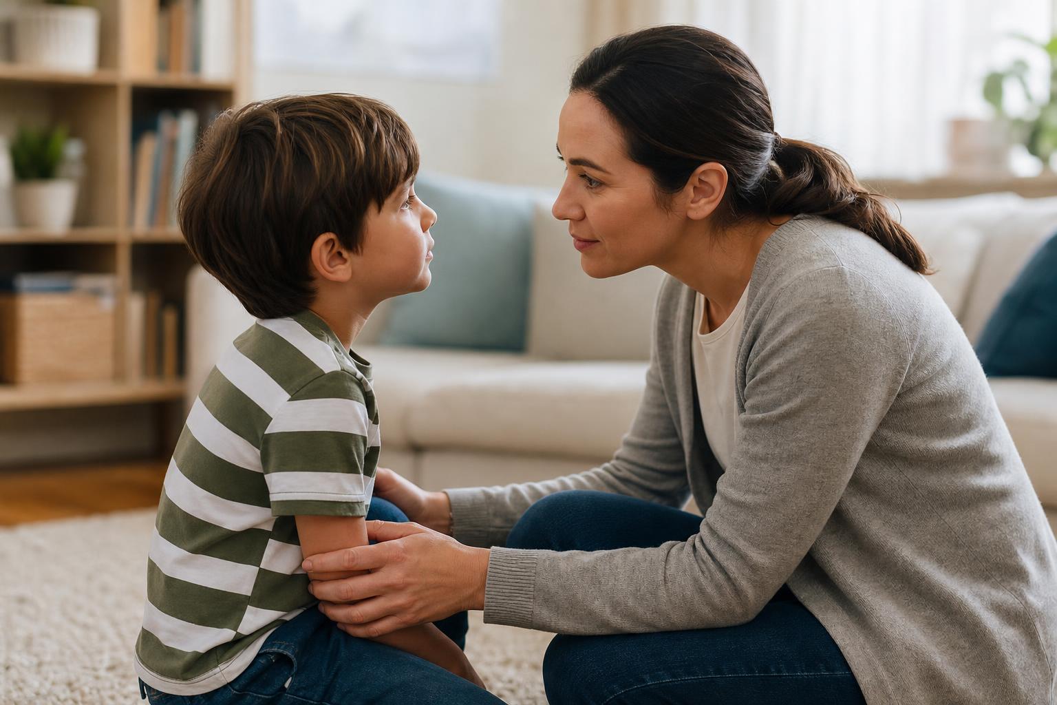 101 Parenting Tips That Actually Work (By Age and Stage) 17 A calm parent gently guiding a young child at eye level, illustrating parenting tips for positive discipline