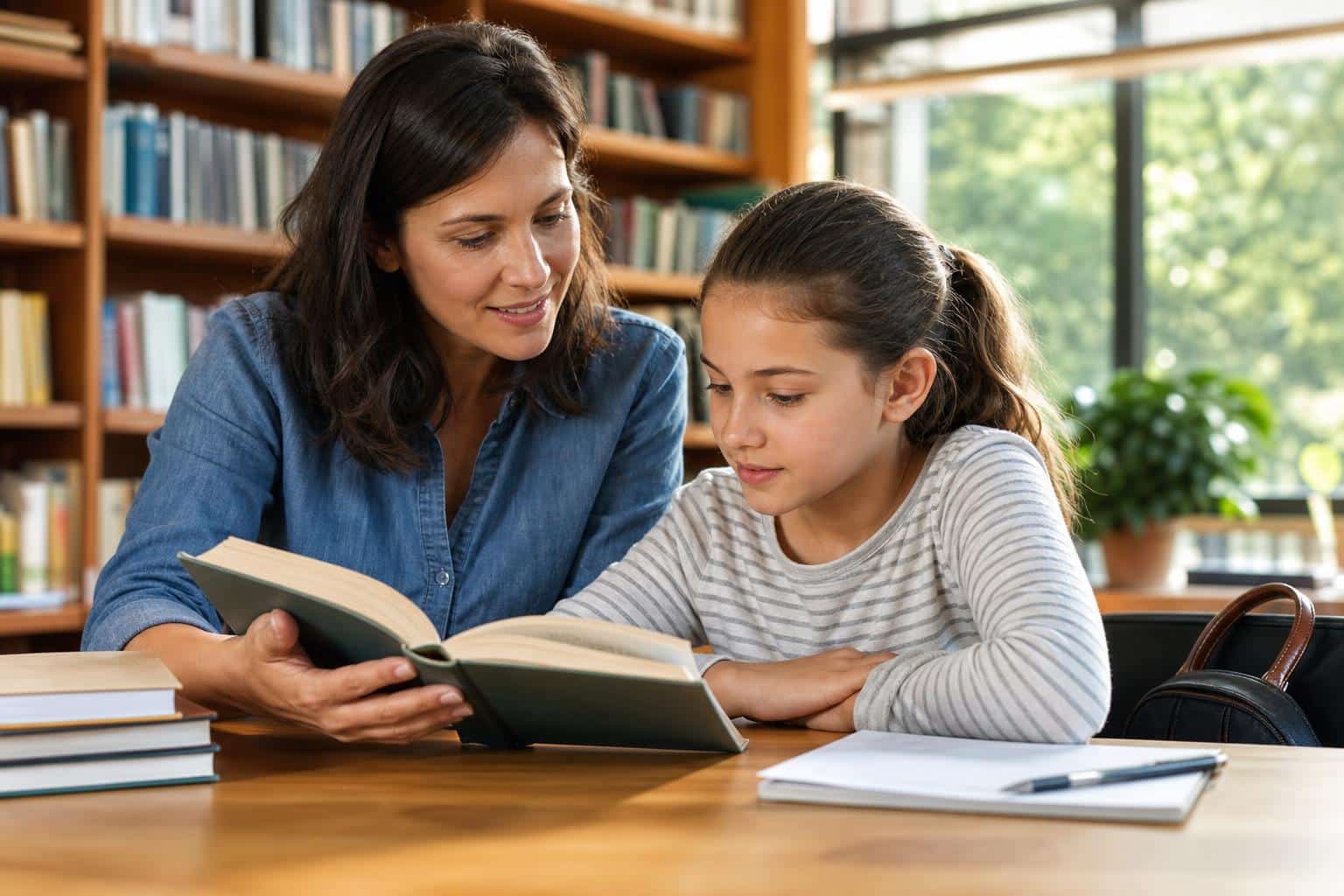 A mentor reading with a young student at a library table, representing education children's charities to donate to