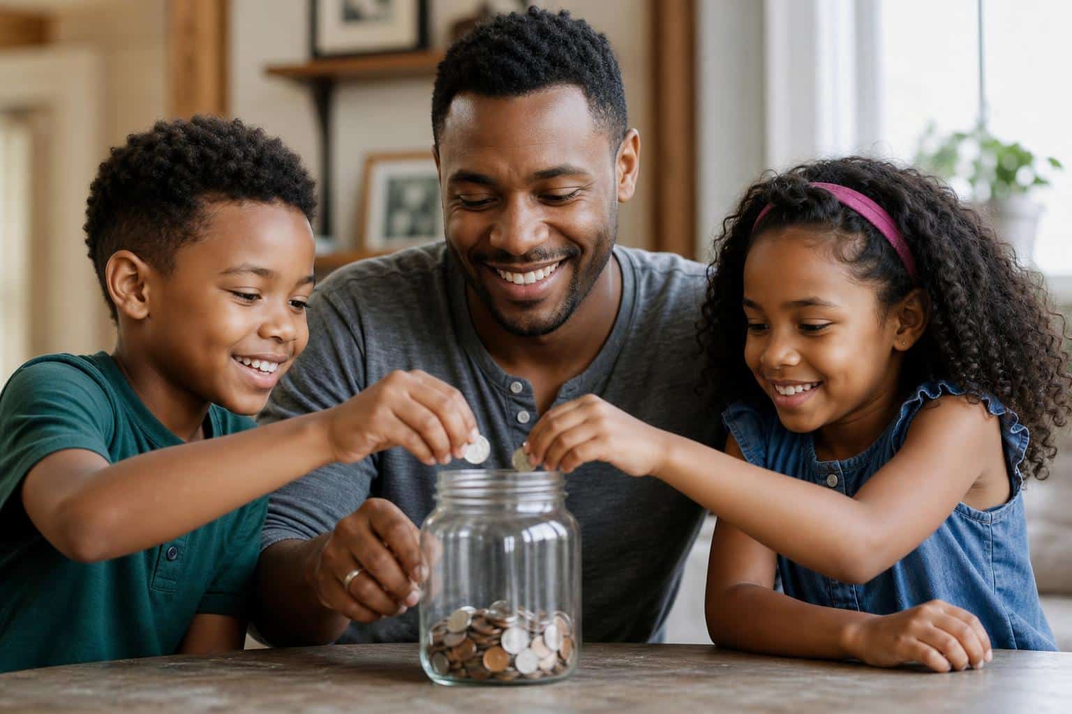 A parent and two children placing coins in a giving jar together, showing kid-friendly ways to support children's charities