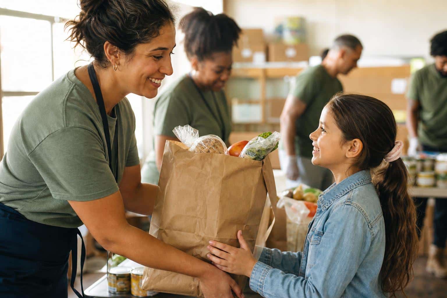 A volunteer handing a bag of groceries to a child, illustrating children's charities to donate to for hunger and health