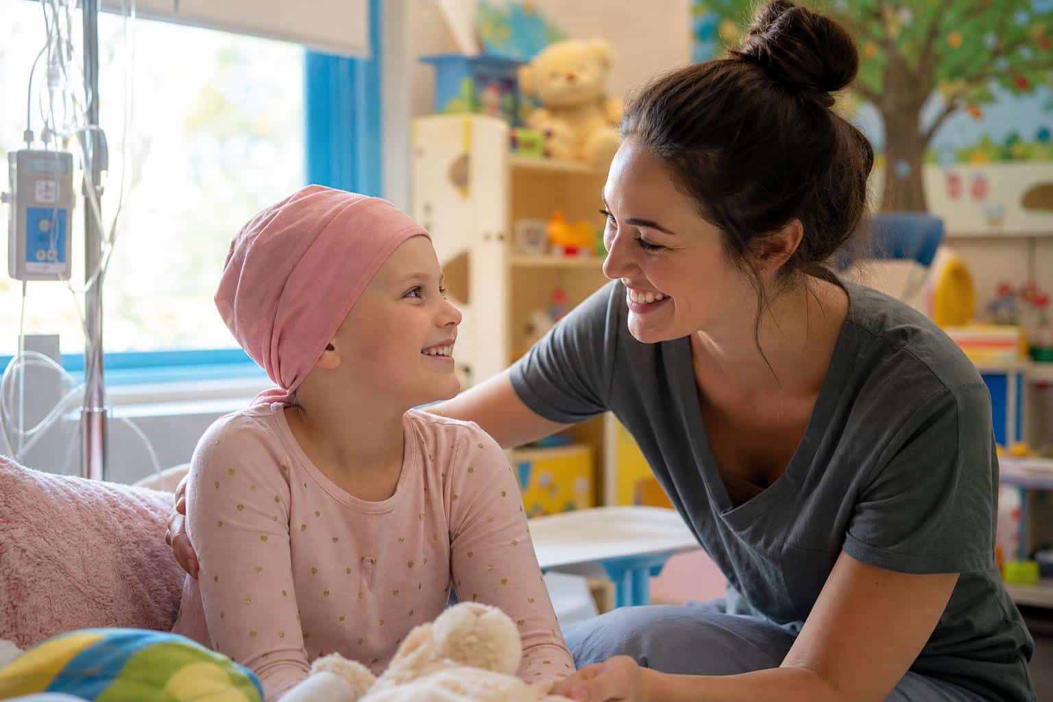 A child patient smiling with a caregiver in a bright hospital setting, representing children's charities for kids facing illness