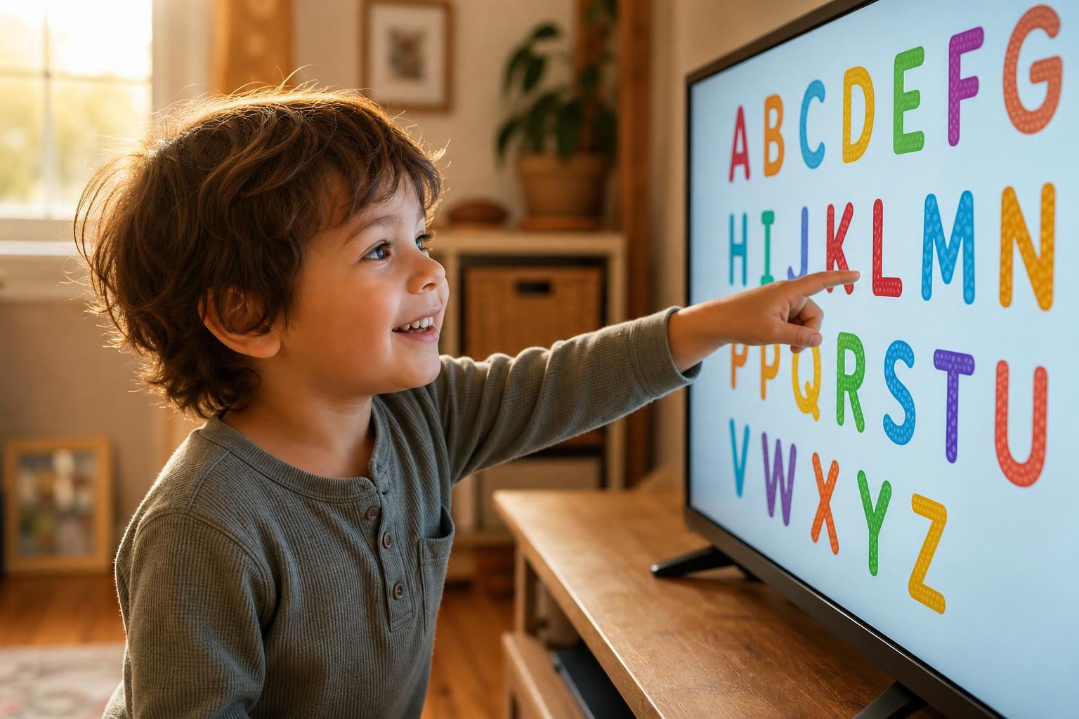 The Best Educational Shows for Preschoolers Right Now 16 A young child pointing at colorful letters on a screen, looking delighted, warm afternoon light from a nearby window