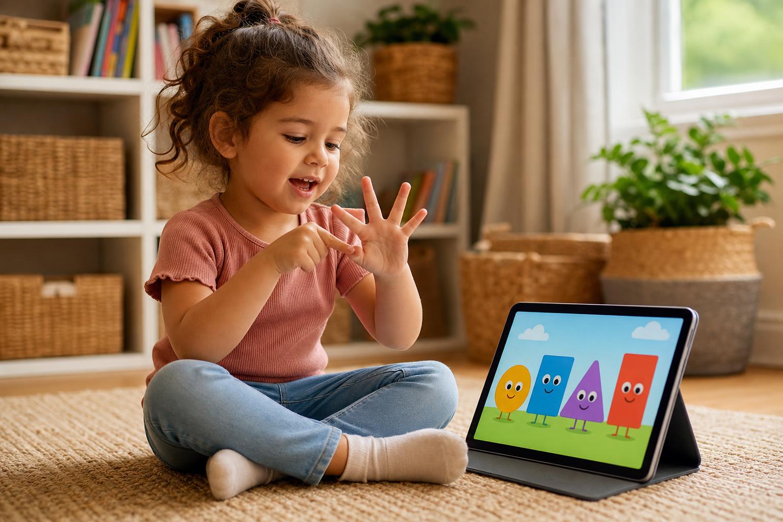 The Best Educational Shows for Preschoolers Right Now 17 A preschooler using fingers to count along with a colorful animated character on screen, sitting cross-legged with a look of concentration