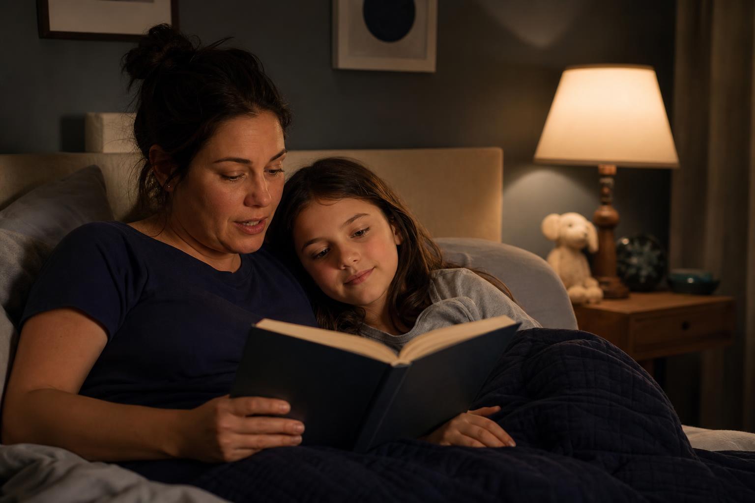 The Best Bedtime Stories for Kids, Grouped by Age 19 A parent reading a longer chapter book with an older child at bedtime, sharing bedtime stories for kids
