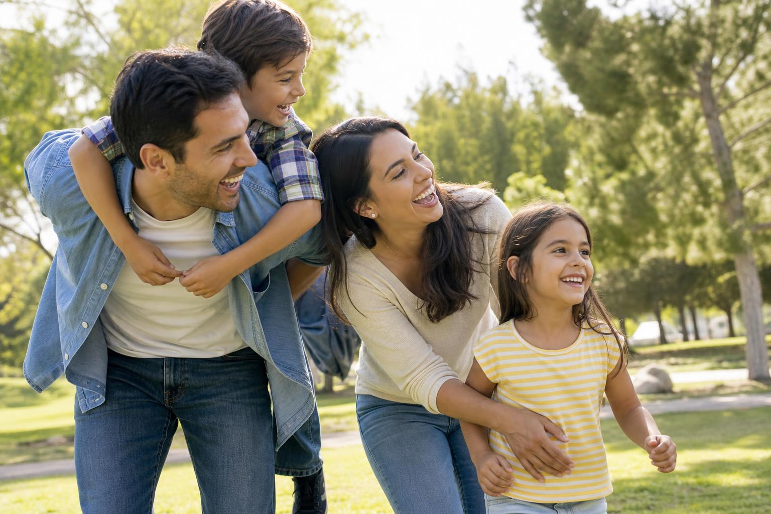101 Parenting Tips That Actually Work (By Age and Stage) 21 A happy family playing together outdoors, illustrating parenting tips for play and staying close