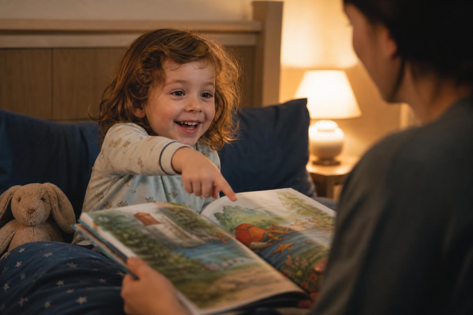The Best Bedtime Stories for Kids, Grouped by Age 17 A preschooler pointing at a colorful picture book at bedtime, enjoying bedtime stories for kids