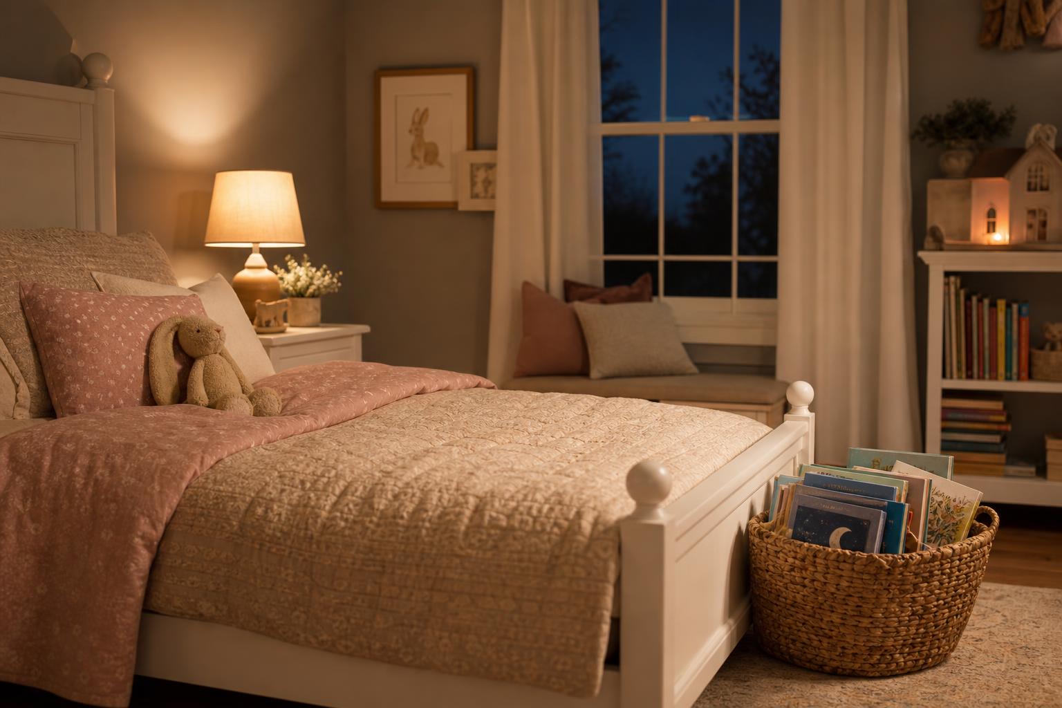 The Best Bedtime Stories for Kids, Grouped by Age 20 A cozy, softly lit child's bedroom set up for a calm bedtime reading routine with bedtime stories for kids