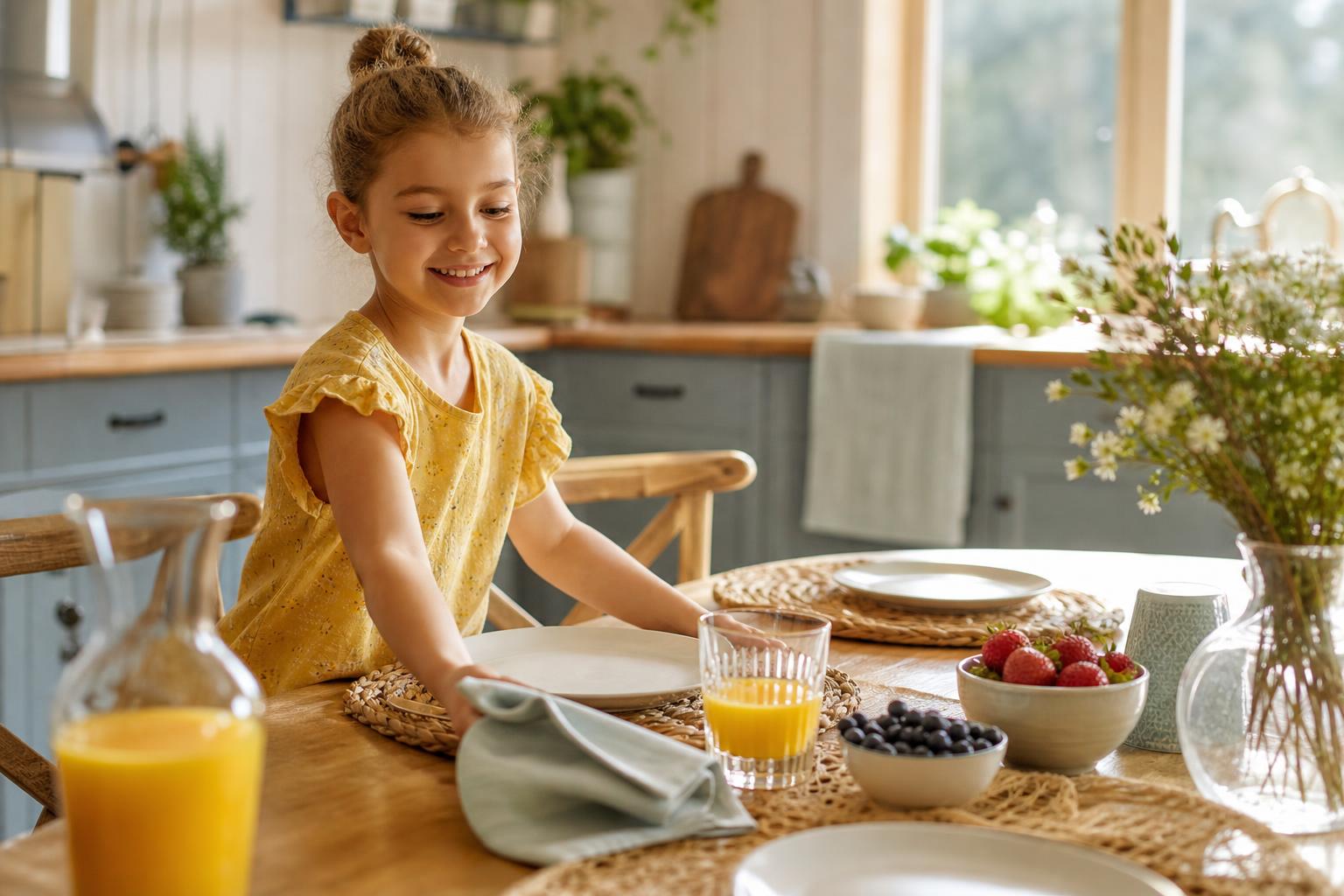 101 Parenting Tips That Actually Work (By Age and Stage) 18 A cheerful child helping set the table in a sunny kitchen, illustrating parenting tips for routines and responsibility