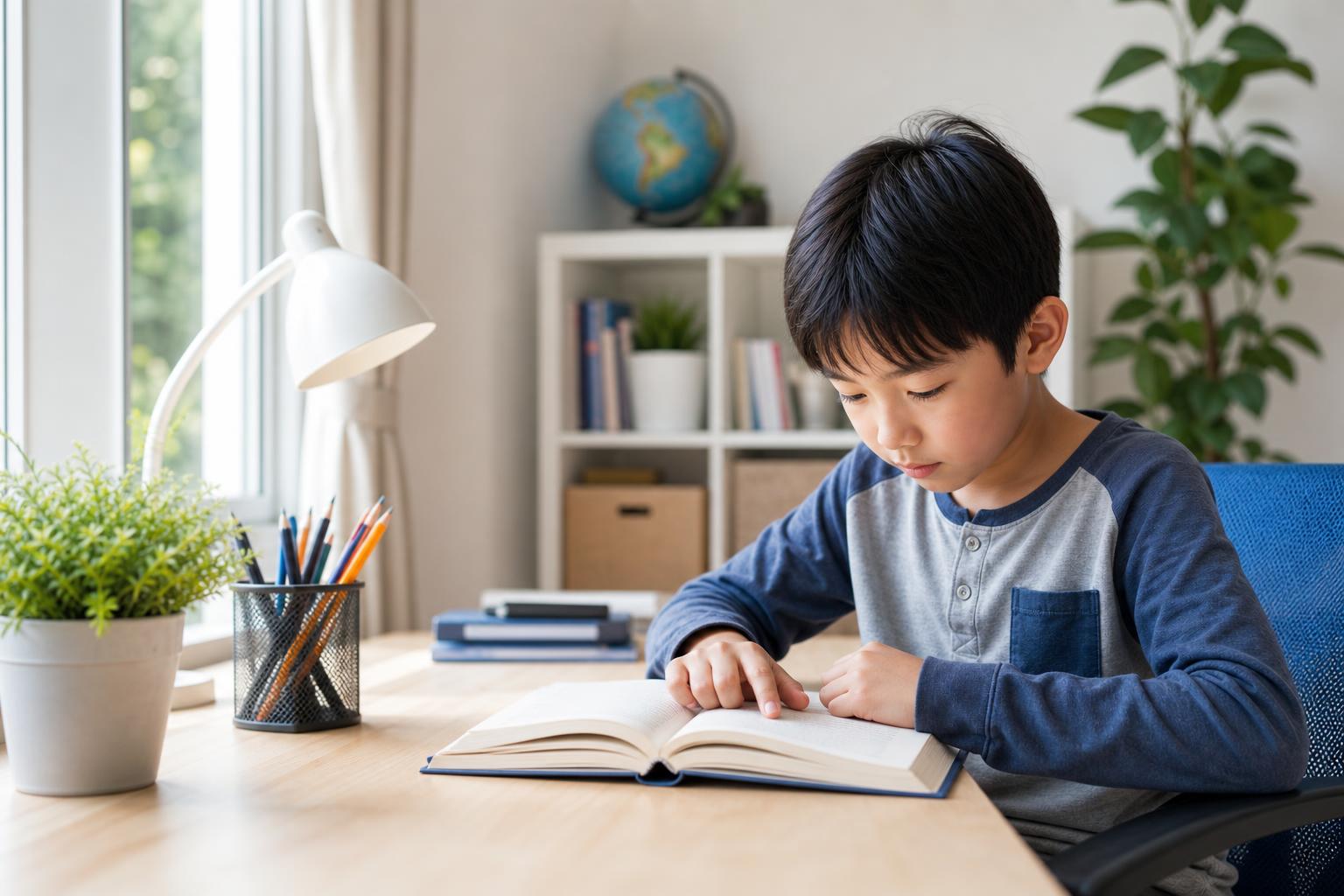 101 Parenting Tips That Actually Work (By Age and Stage) 20 A focused child reading a book at a tidy desk, illustrating parenting tips for school and learning