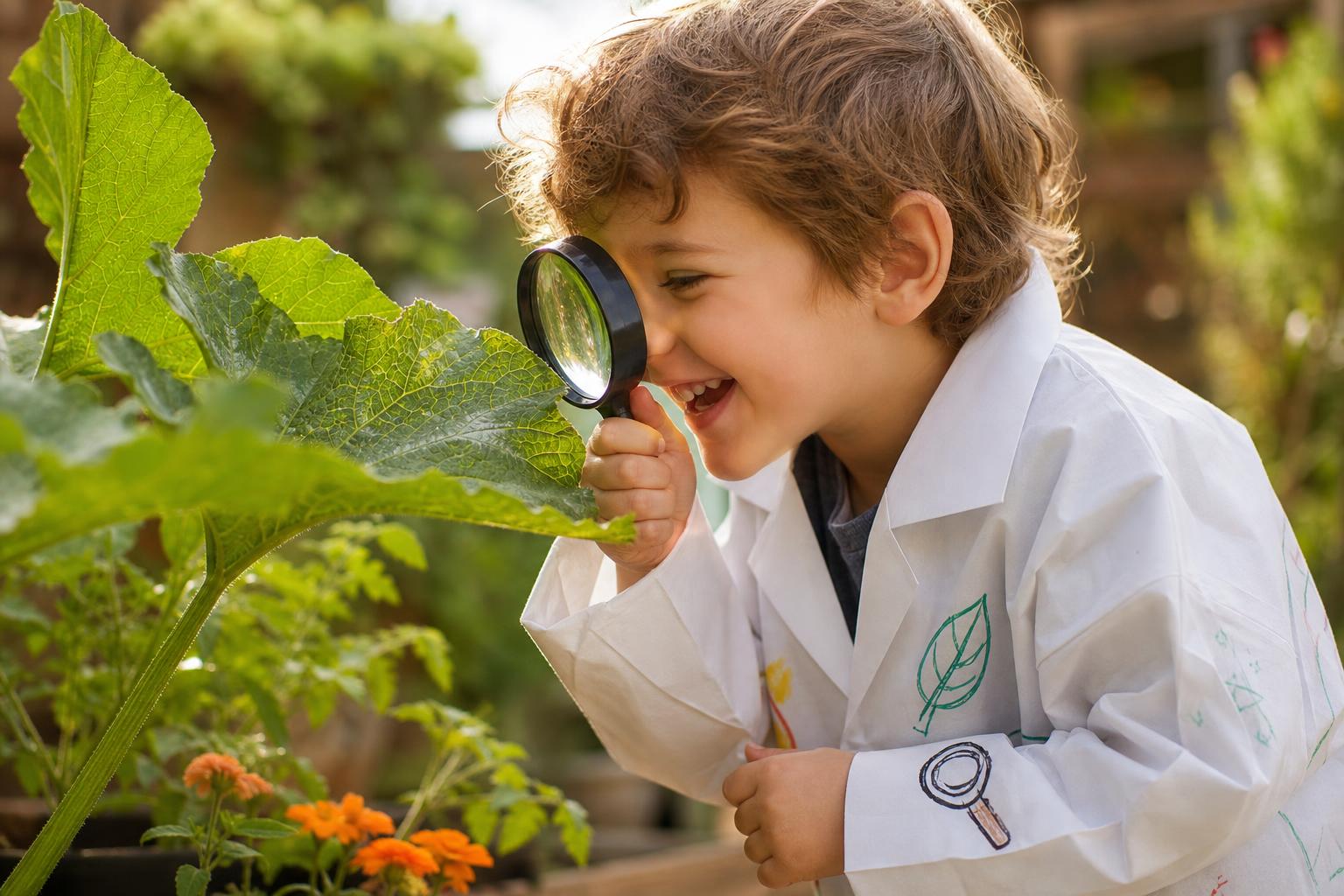 The Best Educational Shows for Preschoolers Right Now 19 A preschooler in a homemade lab coat examining a leaf with a magnifying glass, laughing, bright natural light, no copyrighted characters