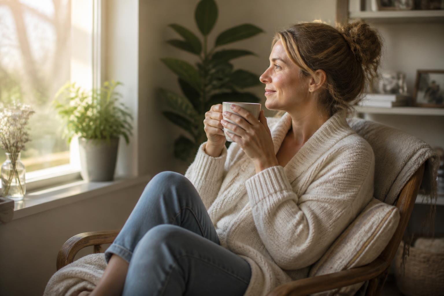 101 Parenting Tips That Actually Work (By Age and Stage) 22 A relaxed parent enjoying a quiet cup of coffee, illustrating parenting tips for parent self-care
