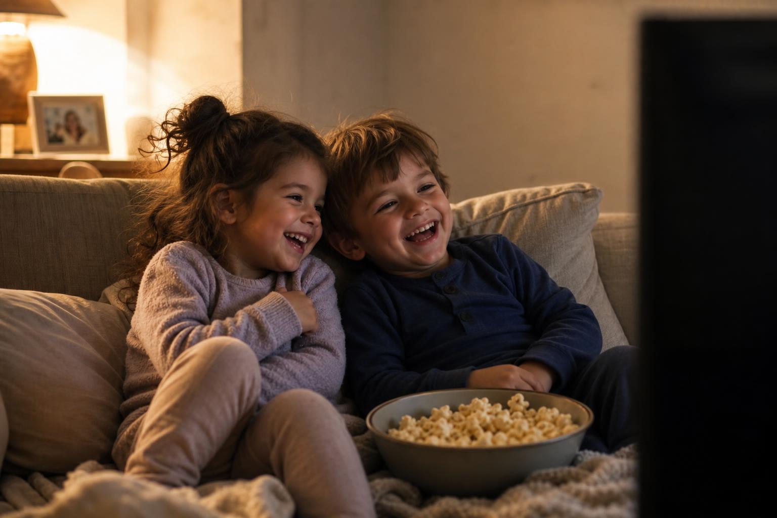 The Best Educational Shows for Preschoolers Right Now 18 Two young children on a couch watching TV together, one leaning toward the other, both laughing warmly, soft cozy home setting