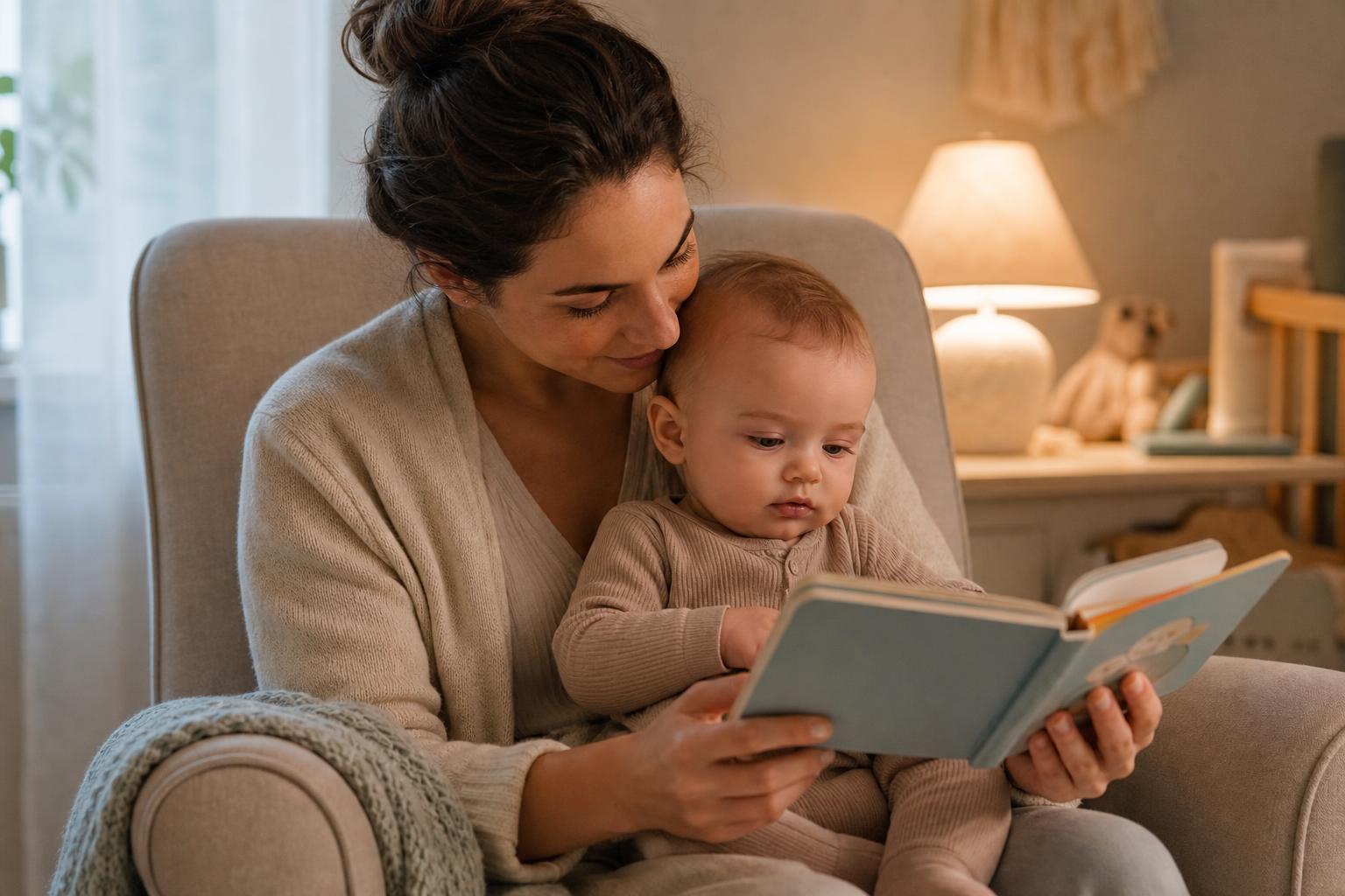 The Best Bedtime Stories for Kids, Grouped by Age 16 A parent holding a baby and a soft board book at bedtime, sharing gentle bedtime stories for kids