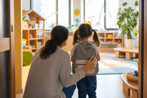 choosing daycare parent and toddler visiting a bright colorful daycare classroom