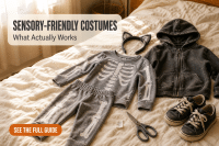 Sensory-Friendly Halloween Costumes That Survive the Night 1 A soft cotton skeleton pajama set, worn hoodie, felt cat-ear headband and sneakers laid out on a bed as a comfortable Halloween outfit