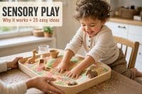 Sensory Play: Why It Works and 25 Simple Ideas Kids Love 1 toddler doing sensory play with a rainbow rice bin at a kitchen table