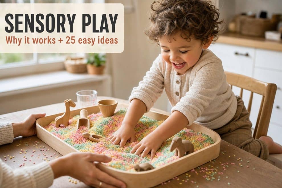 toddler doing sensory play with a rainbow rice bin at a kitchen table
