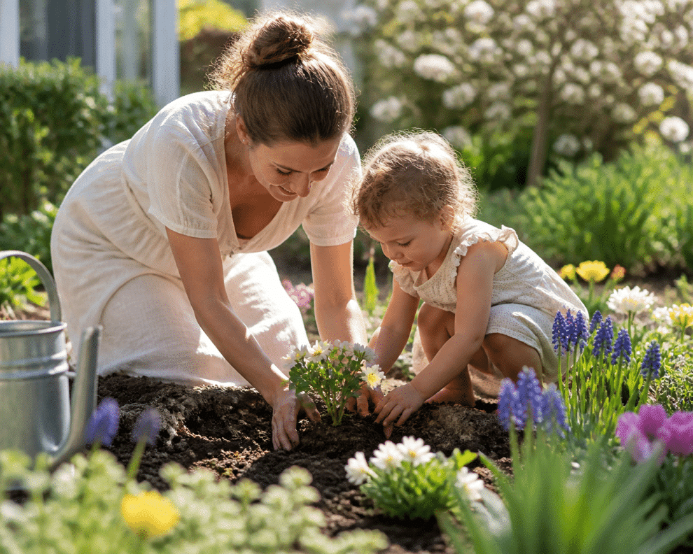 spring activities for toddlers – mom and toddler planting flowers