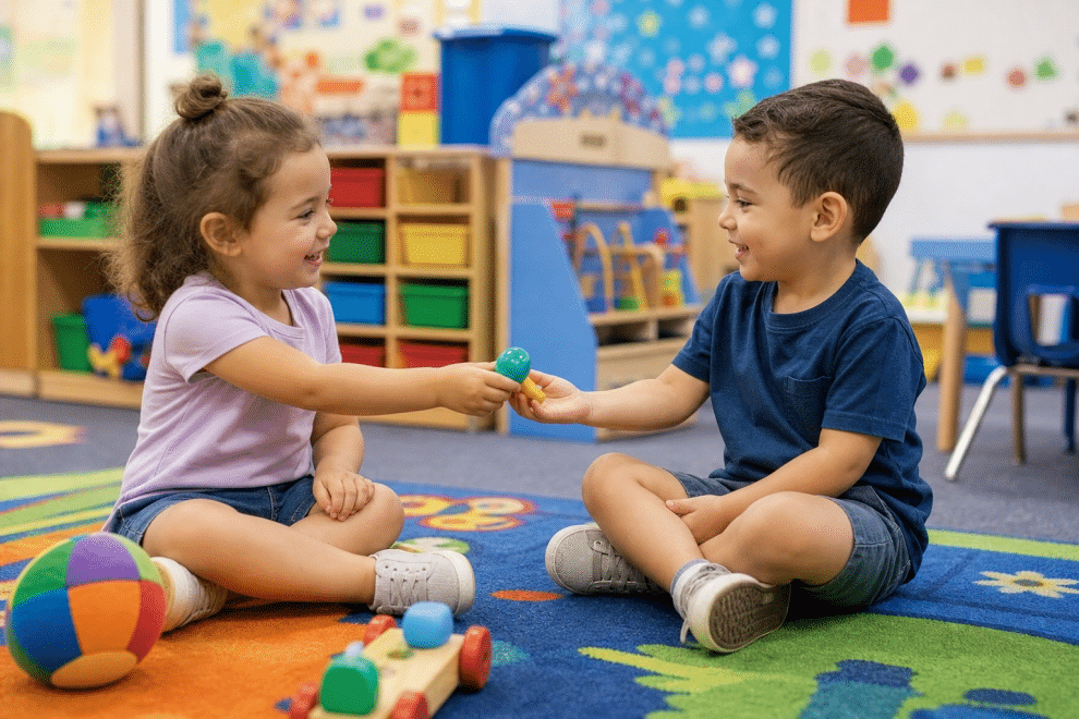 teaching preschoolers to share - two young children sharing a toy in a preschool classroom