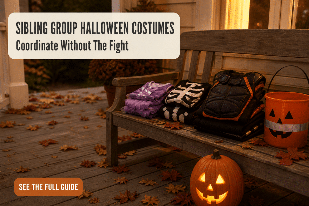 Three sibling Halloween costumes in different sizes laid out together on a porch bench at dusk beside a lit pumpkin and a trick-or-treat bucket with a reflective strip