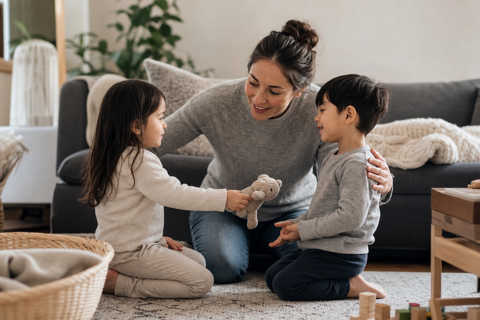 Sibling Rivalry: A Gentle Way to Help Kids Reconnect After Conflict 16 Sibling repair in action: a parent kneeling at child's eye level gently guiding two young siblings through a calm repair conversation.
