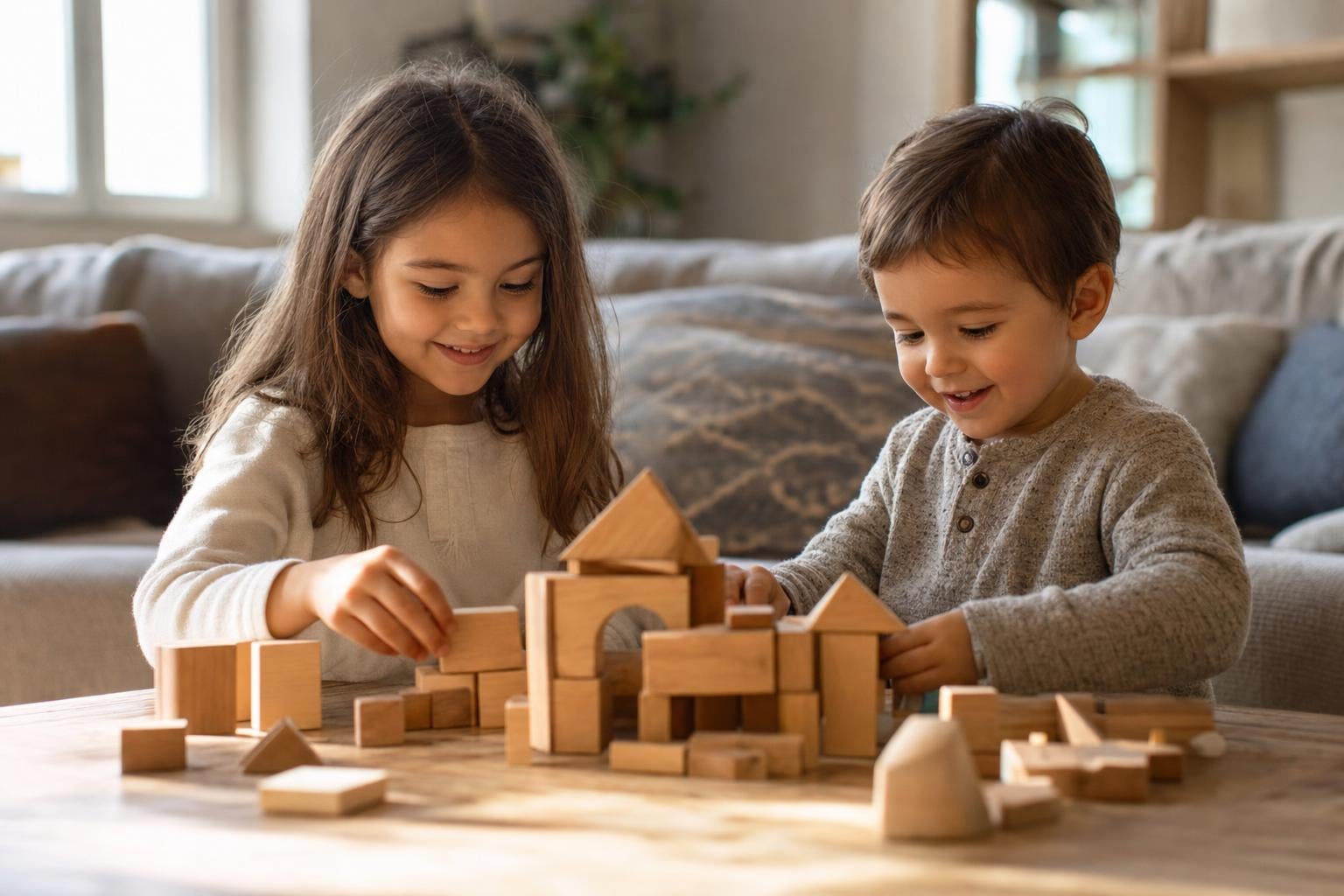 Sibling Rivalry: A Gentle Way to Help Kids Reconnect After Conflict 17 Sibling repair through calm parallel play: two children building with blocks near each other while a parent stays close and relaxed.