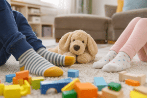 sibling rivalry - two children's feet with toys on a cozy living room rug