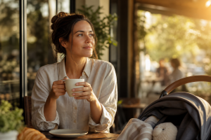 Single parenting and dating — thoughtful mother at a café