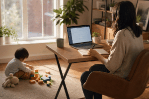 single parent advice — parent working at home desk while child plays nearby, managing life independently