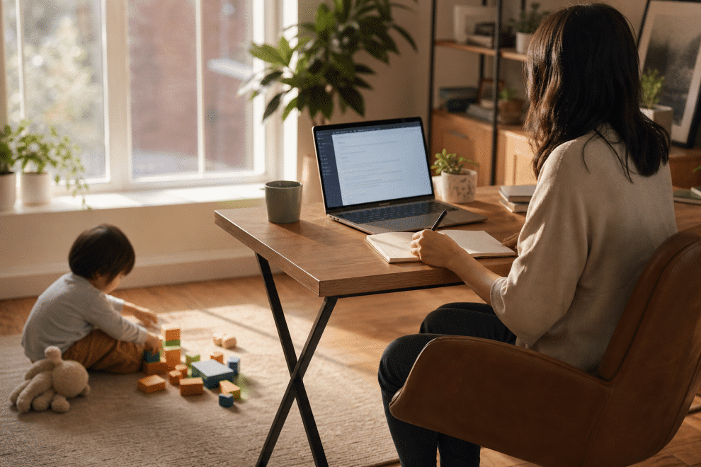 single parent advice — parent working at home desk while child plays nearby, managing life independently