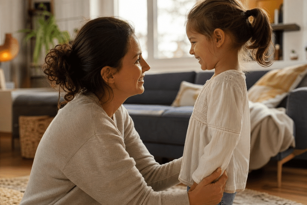 Emotional intelligence in children: parent connecting with young child at eye level in cozy home