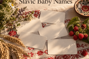 Collection of Slavic baby names on cream name cards in a warm Eastern European folk setting with embroidered linen, wildflowers, wheat, and soft golden light