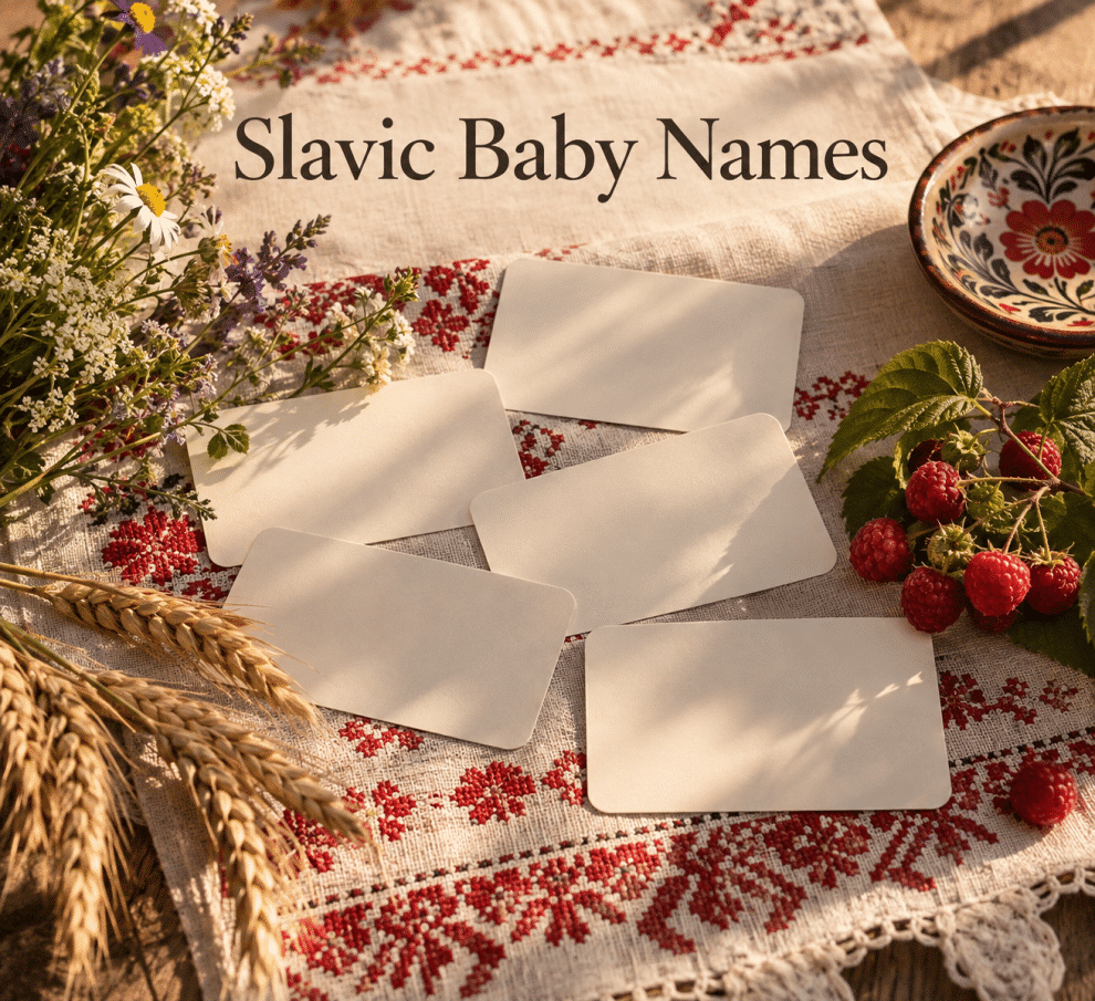 Collection of Slavic baby names on cream name cards in a warm Eastern European folk setting with embroidered linen, wildflowers, wheat, and soft golden light