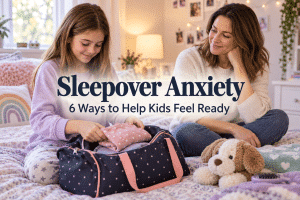 A child packing an overnight bag with a parent nearby, with a legible baked-in headline "Sleepover Anxiety" and subline "6 Ways to Help Kids Feel Ready"